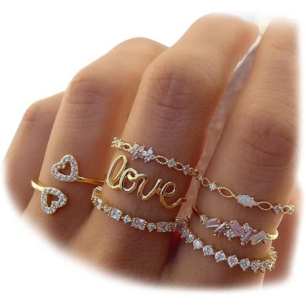 BOHO 9-Piece Gold Crystal Ring Set – Dainty Adjustable Fashion Statement Jewelry